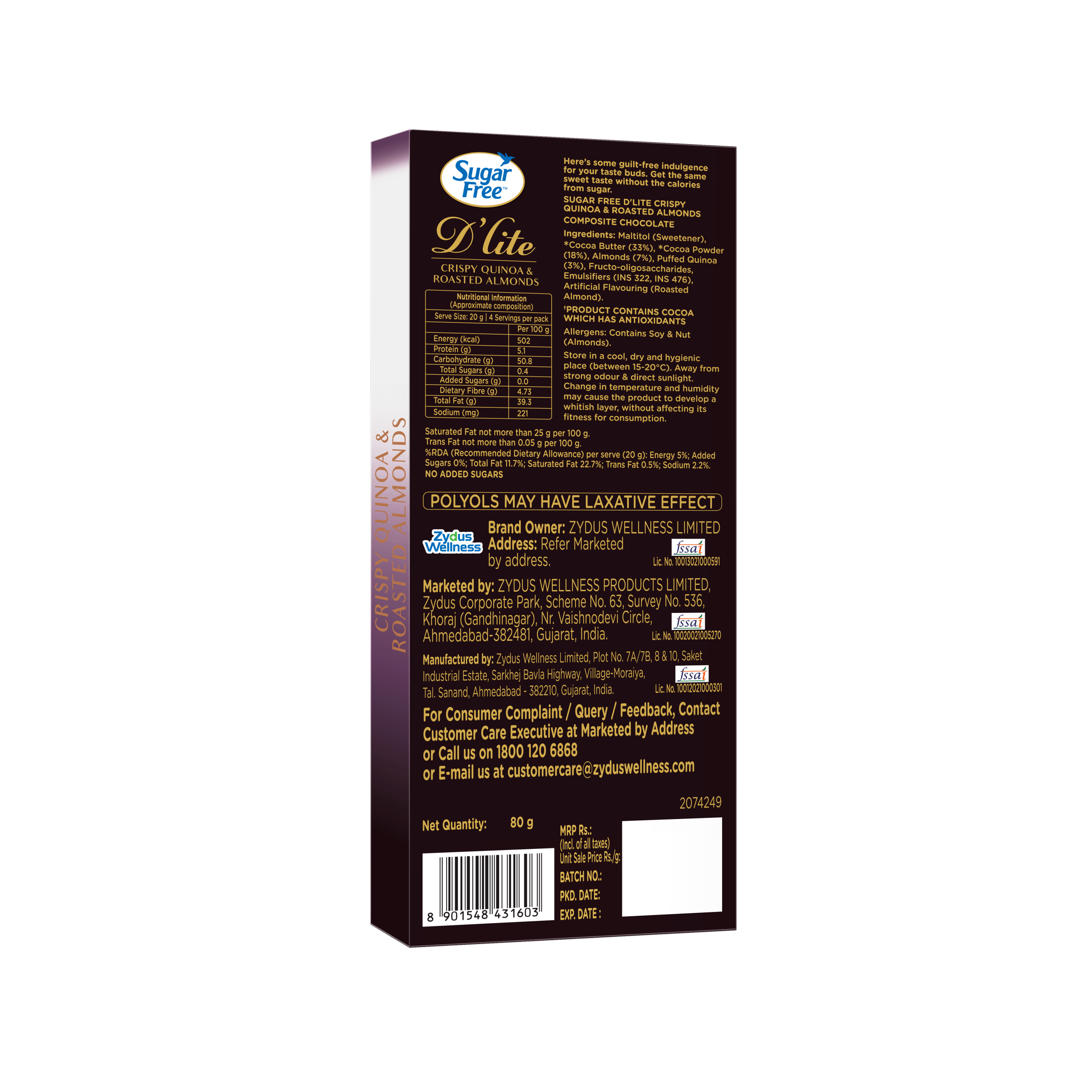 Sugar Free D'lite Crispy Quinoa and Roasted Almonds Dark Chocolate Bar pack back