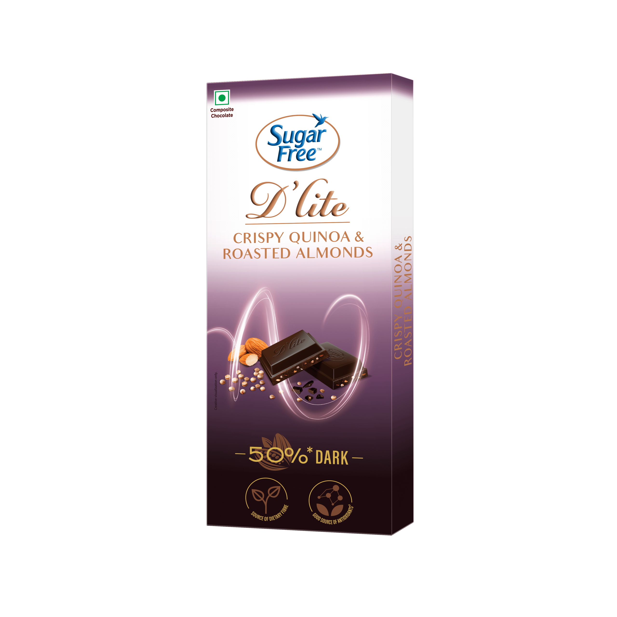 Sugar Free D'lite Crispy Quinoa and Roasted Almonds Dark Chocolate Bar pack front