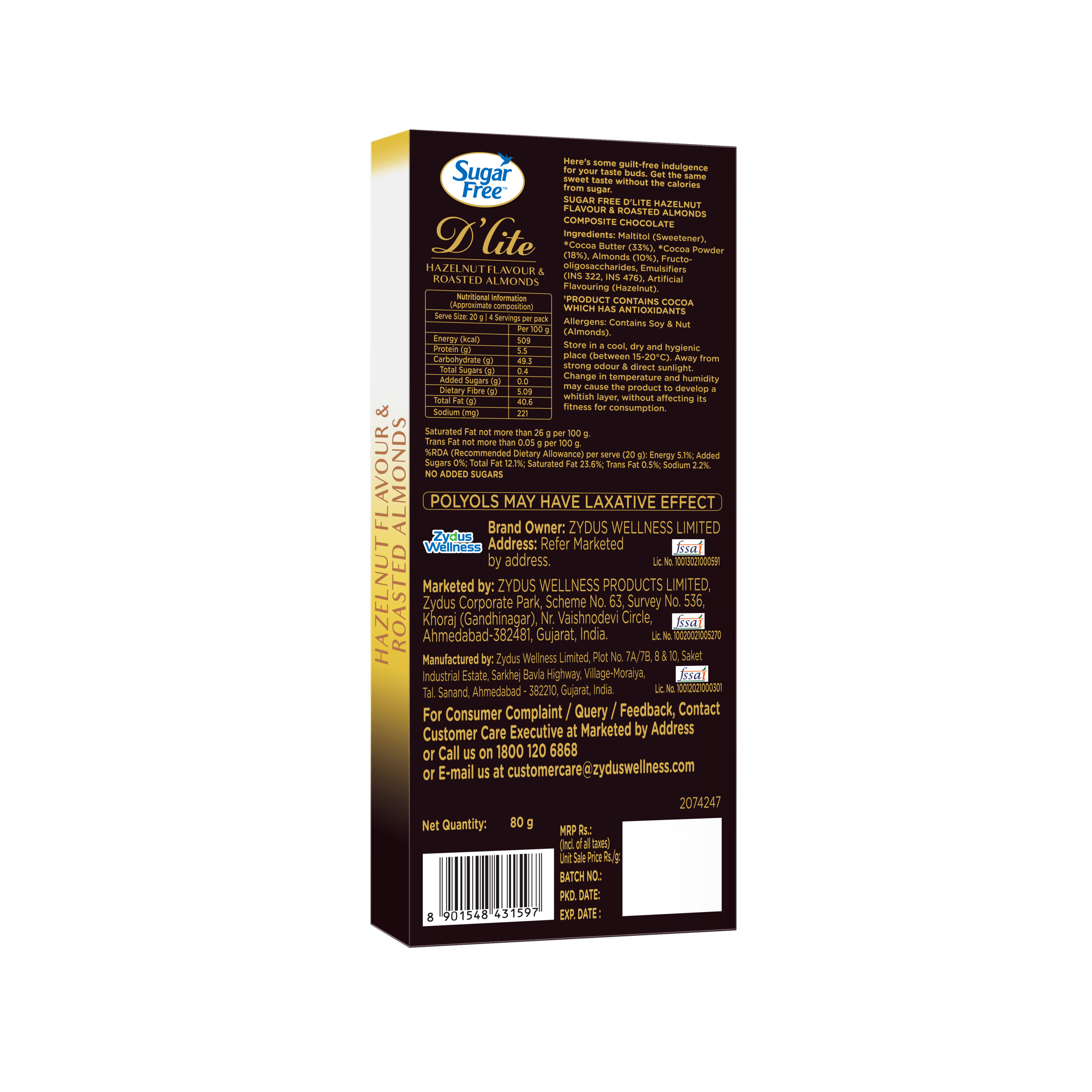 Sugar Free D'lite Hazelnut and Roasted Almonds Dark Chocolate Bar pack back
