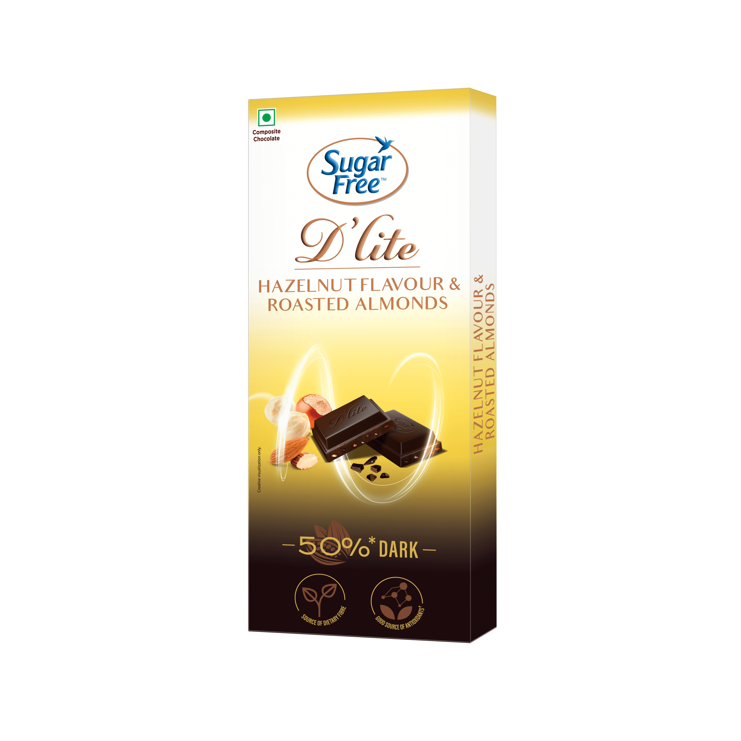 Sugar Free D'lite Hazelnut and Roasted Almonds Dark Chocolate Bar pack front