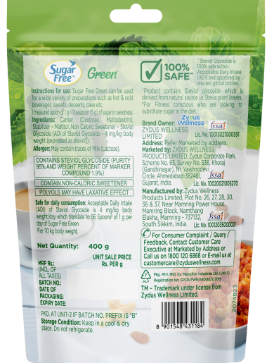 Sugar Free Green 1 pack – back label with ingredients, nutrition and usage instructions