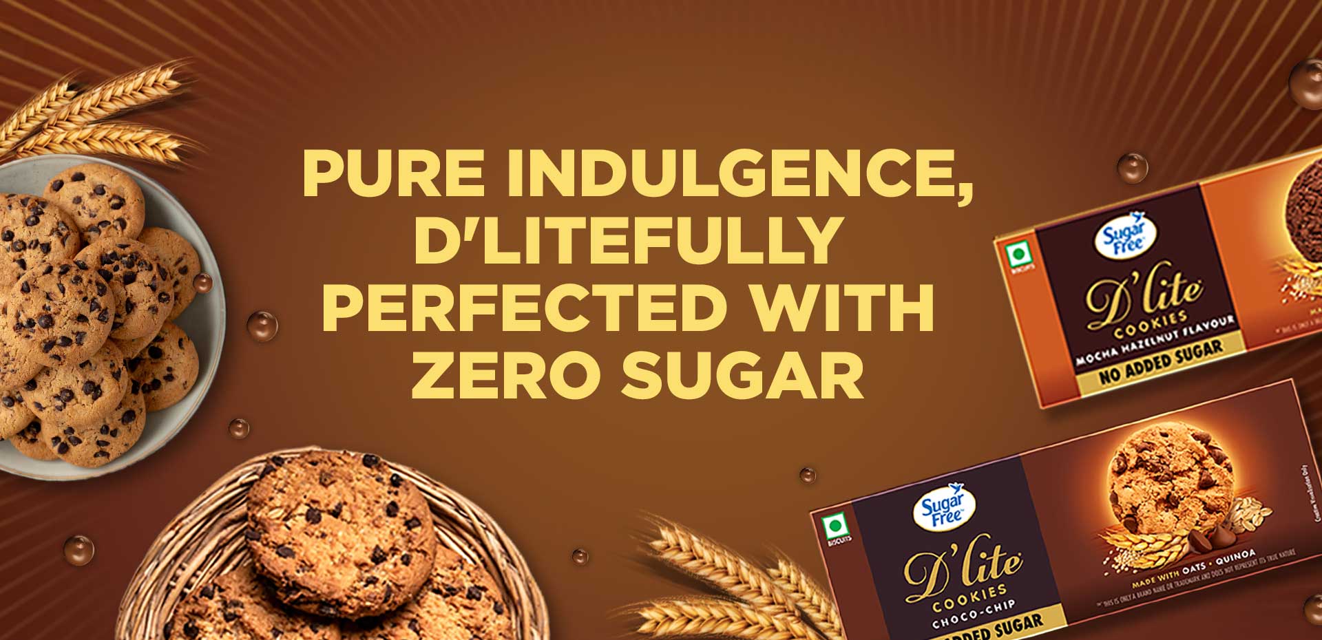 Sugar Free D’lite cookies with zero added sugar, featuring choco chip and mocha hazelnut flavors