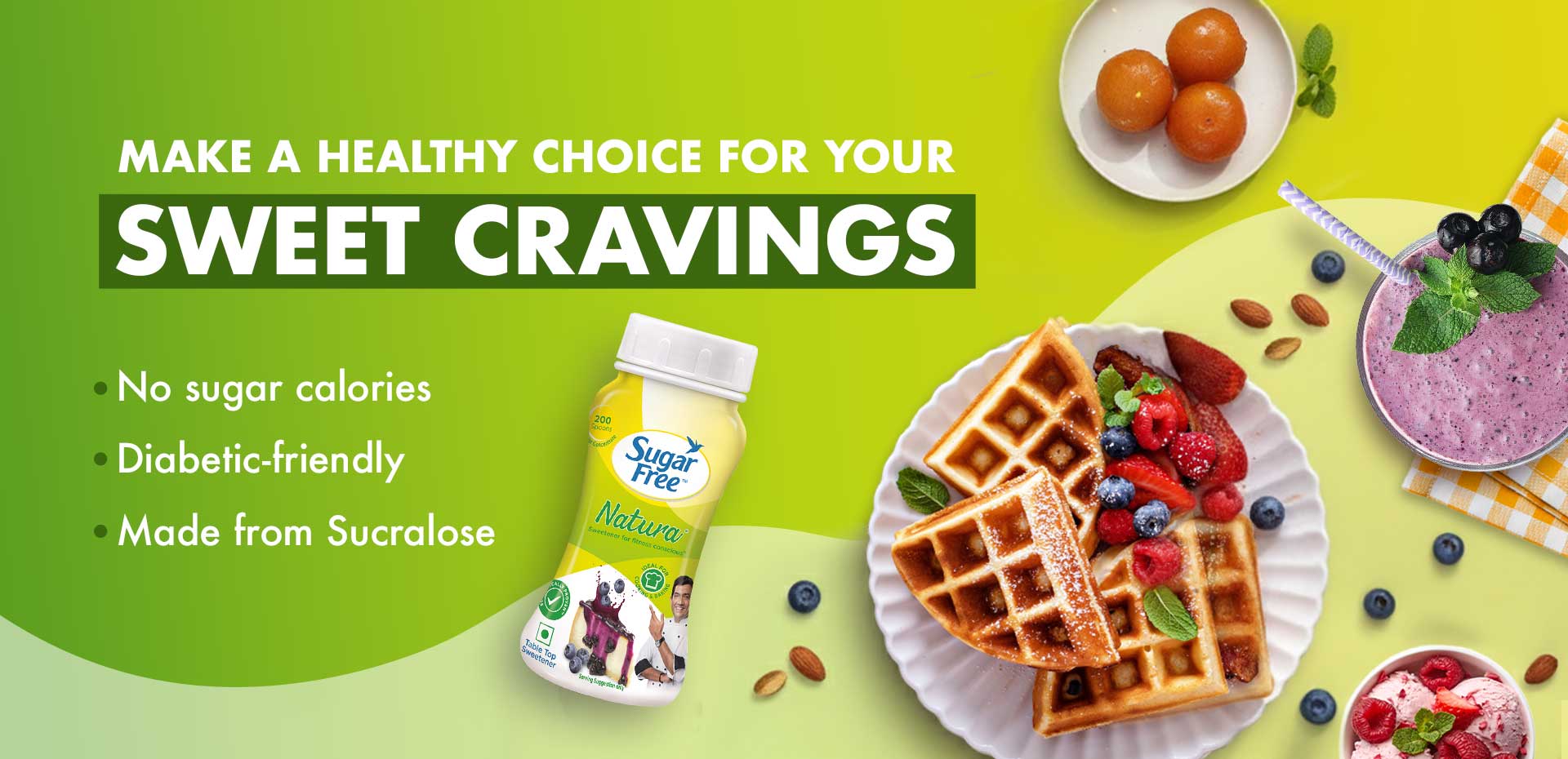 Sugar Free Natura sweetener bottle with waffles, berries, smoothie, and fruits