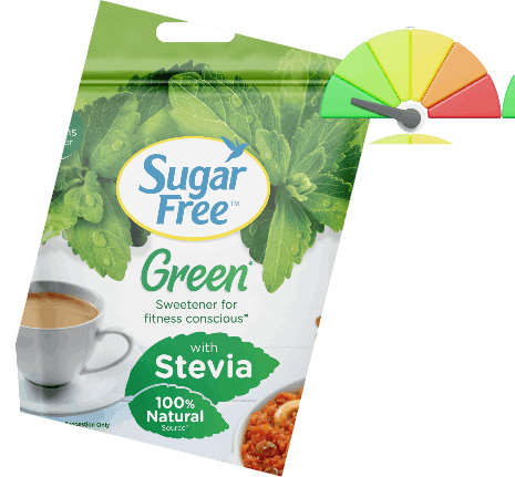 Sugar Free Green stevia sweetener pack with a health meter icon 